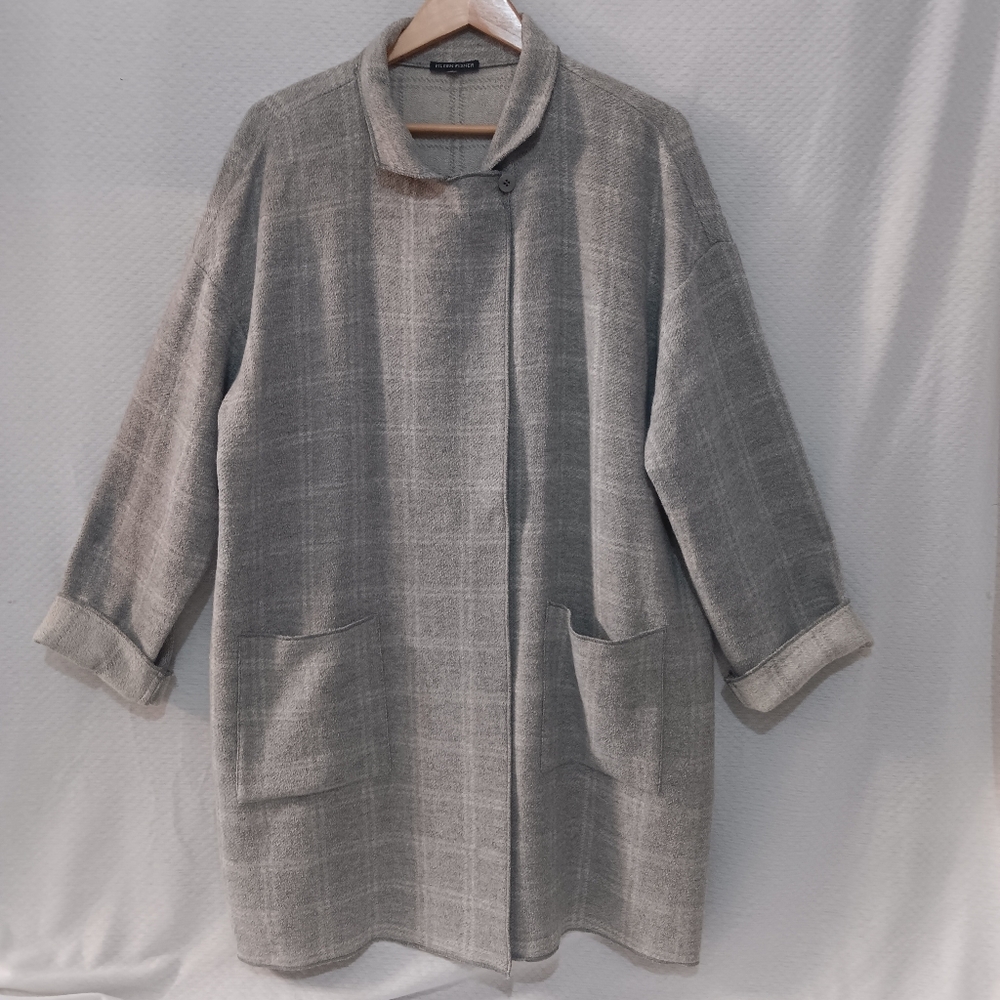 Eileen Fisher Gray Plaid Long Coat